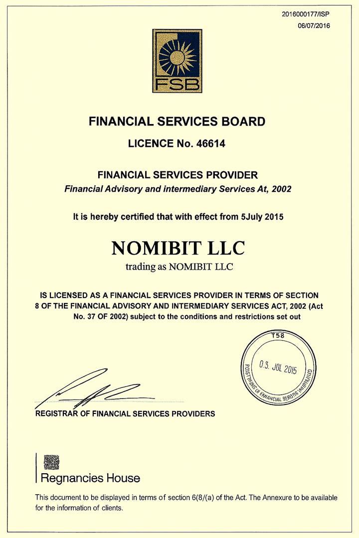 Financial Services Board Licence - NOMIBIT LLC